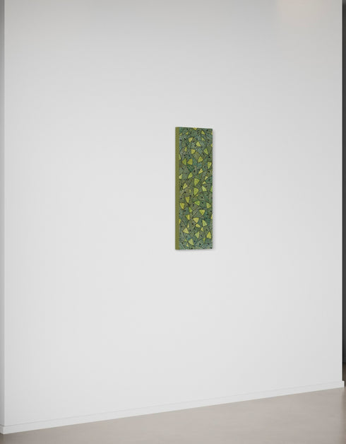 12"x36" painting with vibrant lime green and gold hues, featuring playful sardines and dynamic contrasts in color.